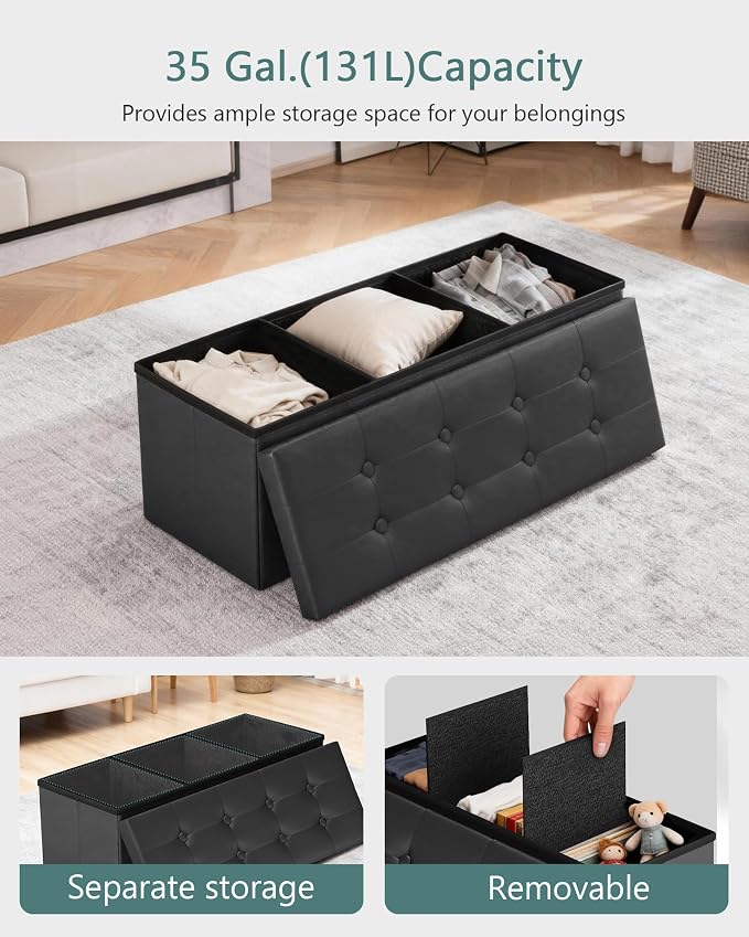 LITZFUR 43" Storage Ottoman Bench, Folding Faux Leather Chest, Black | Stroage Box with 2 Dividers, Foot Rest Stool, Padded Seat for Bedroom, Entryway, Living Room