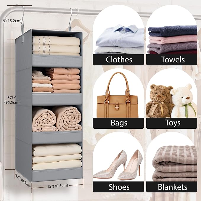 GRANNY SAYS 4-Shelf Hanging Organizer, Closet Hanging Shelves, Closet Hanging Storage Organizers, Organization for Bedroom, Living Room, Baby Nursery, Camper Accessories, Gray, 1-Pack