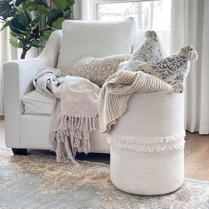 CherryNow 70L Woven Rope Laundry Basket with Tassel, 16" x 22", White | Tall Storage Basket for Blankets, Clothes & Towels, Fits Living Room Décor, Decorative Laundry Hamper with Knotted Handles