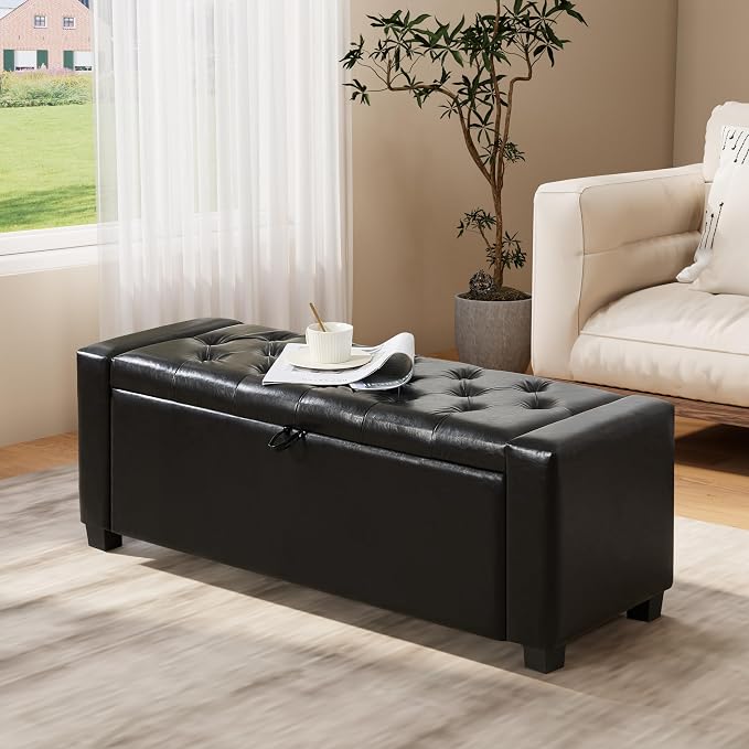 Royal Windsor Ottoman with Storage,Tufted Storage Bench with Safety Hinge,Holds up to 350 lb,Upholstered Bench with Seating for Bedroom, Living Room,Entryway,Leather Black