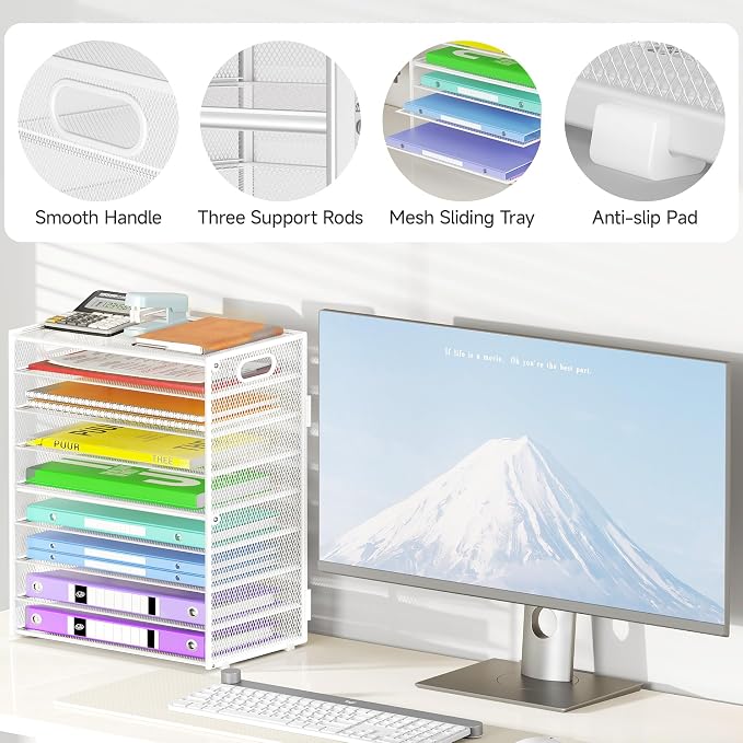 Cawukege 9 Tier Paper Organizer with Handle, Large Capacity Desk Organizer Mesh Paper Letter Tray File Folder Document Sorter for Classroom and Office Accessories Organization- White (2 Pack)