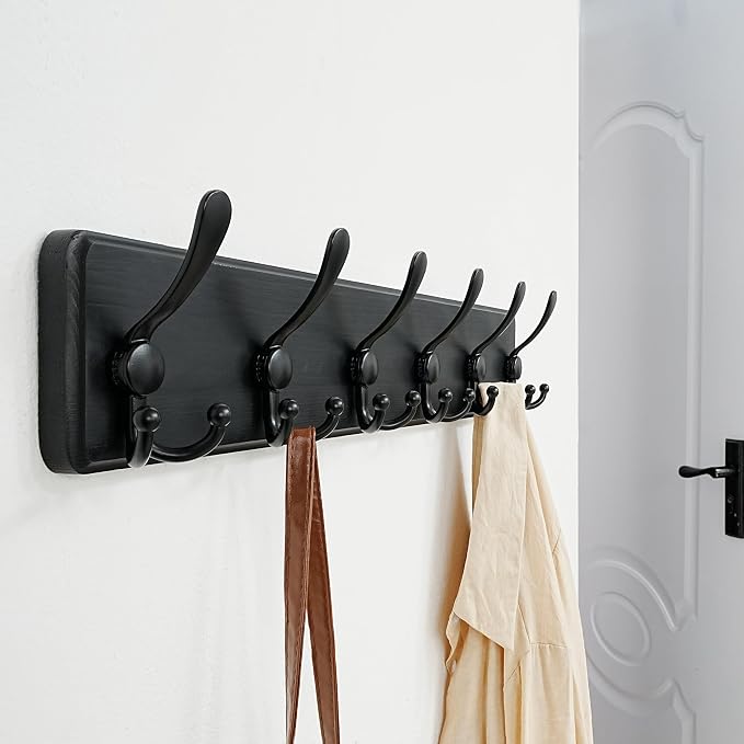 Coat Rack Wall Mounted - 24" Long 6 Tri Hooks, Heavy Duty Wooden Wall Coat Hanger Coat Hook for Clothes Hat Jacket Clothing, Black