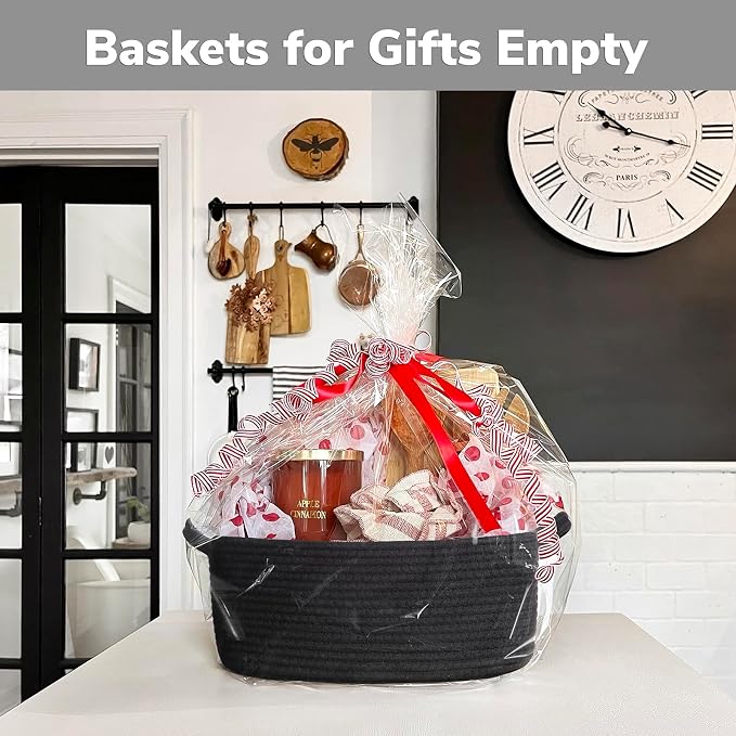 CHICVITA Small Cotton Rope Gift Basket for Shelves, Black | 13" x 10" x 5", Decorative Storage Basket for Bathroom & Nursery Organization, Baby Toys, Towels & Books Storage