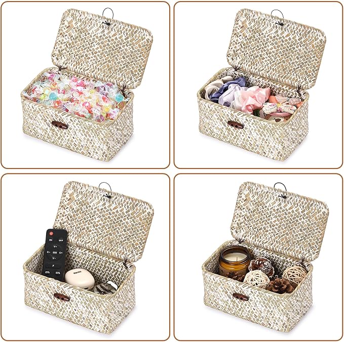 Handwoven Seagrass Basket Small Wicker Basket with Lid,7x4.3x 3.3" | Natural Decorative Box for Shelf, Multipurpose Desktop Organizer Bin for Key & Remote Control, Whitewash