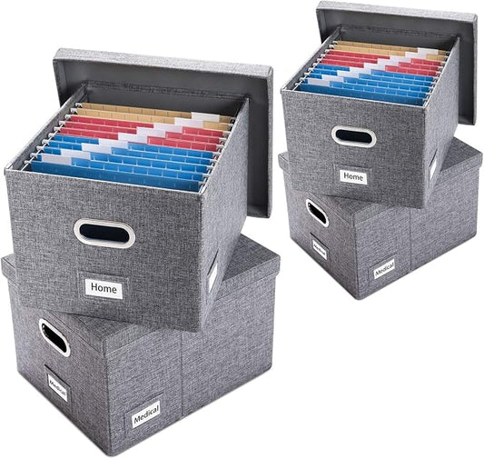 File Organizer Box - Set of 4 Collapsible Decorative Linen Filing Storage Hanging File Folders with Lids Office Cabinet Letter/Legal Size Grey 17.1x14x11.1 inch
