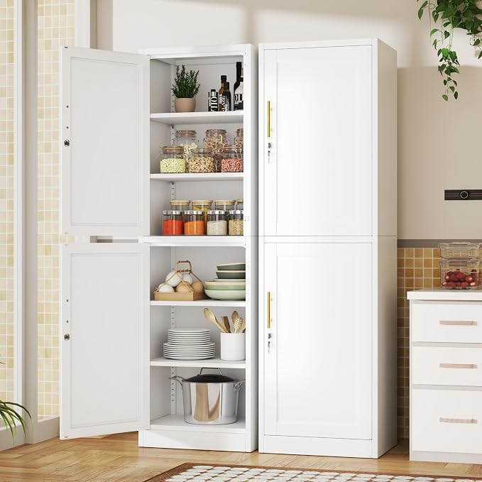 Tall Metal Narrow Bathroom Storage Locker Cabinet 67" H, Tall White Pantry Cabinets with 4 Adjustable Shelves and 2 Lockable Doors for Kitchen, Home Office, Living Room, Dining Room