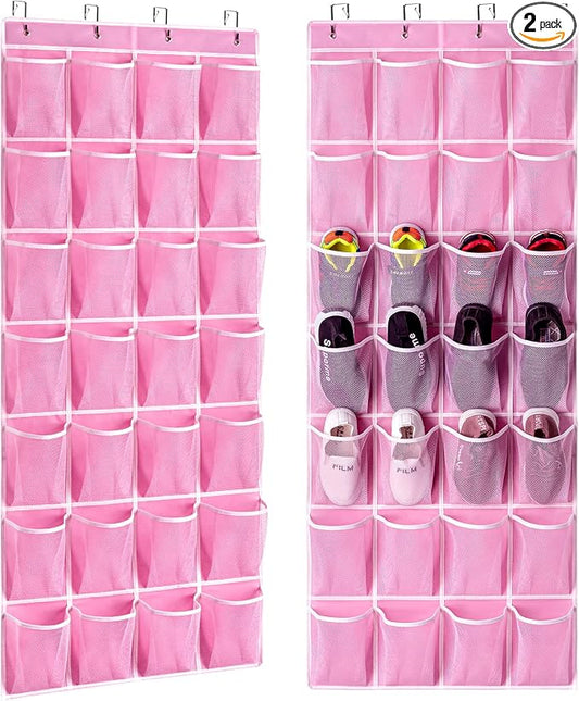 KEEPJOY 28 Pocket Over The Door Shoe Organizer, 2Pack Hanging Shoe Organizer for Door, Hanging Door Shoe Holder Rack with Mesh Pockets Large Size 65 x 23 inch (Pink-2Pack)