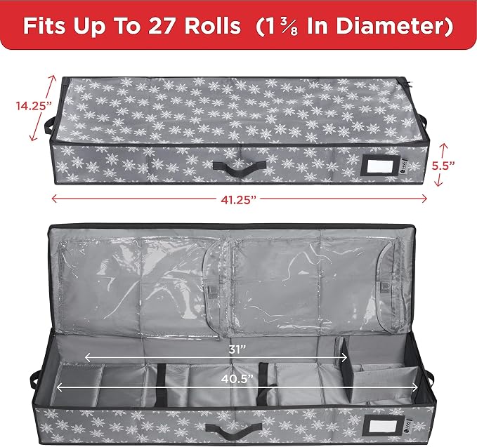 HOLDN’ STORAGE Premium Wrapping Paper Storage Container, Grey w/Snowflakes | Durable 600D Tear-Proof, Fits 27 Rolls Gift Wrap, Extra Pockets for Ribbons & Bows, Underbed Storage