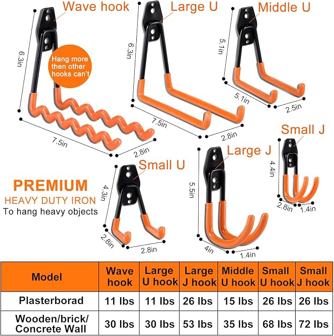 AOBEN 24PCS Garage Hooks, Heavy Duty Double Garage Hanger Organizer Wall Mount Iron Anti-Slip Garage Storage Hooks for Ladder, Power Tool,Bike,Ropes（23 Hooks & 1 hoder Strap-Orange