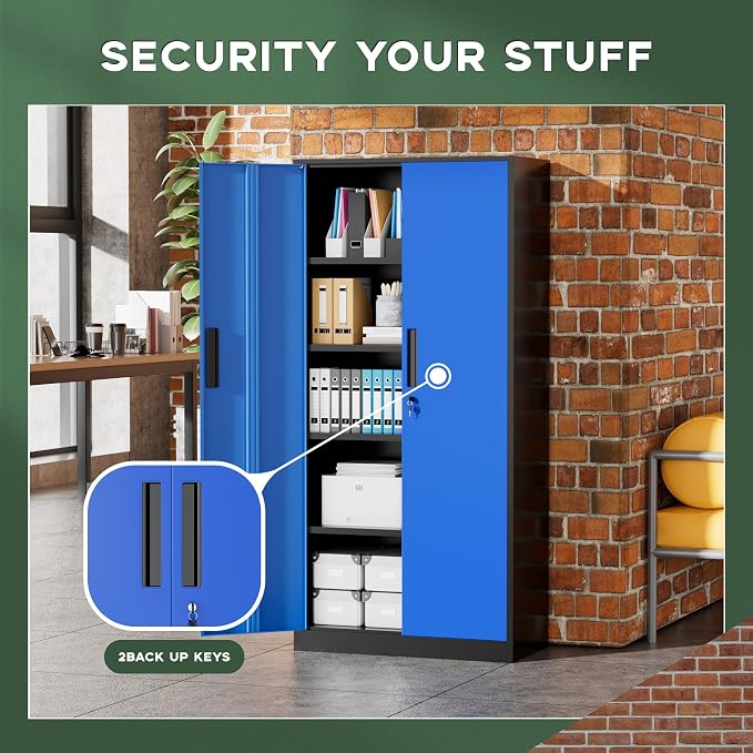 Greenvelly Metal Garage Storage Cabinet, 72" Black Blue Tool Steel Locking Cabinet with Doors and 4 Shelves, Tall Cabinets for Garage Storage Systems Lockable File Cabinet for Home Office,Garage