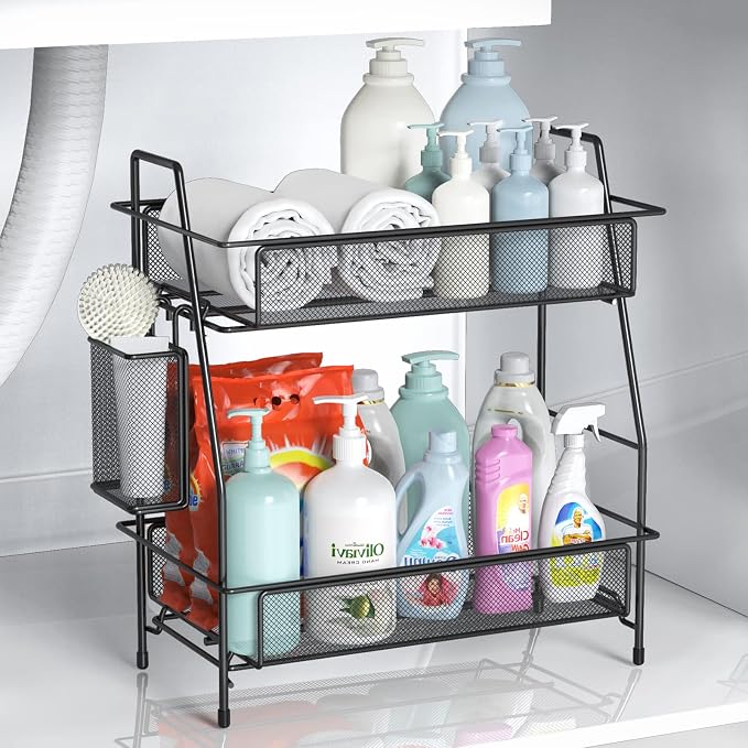 Large Countertop Organizer for Bathroom Counter, Bathroom Organizers and Storage, Under Sink Organizer Spice Rack Organizer for Kitchen with Basket(Black)