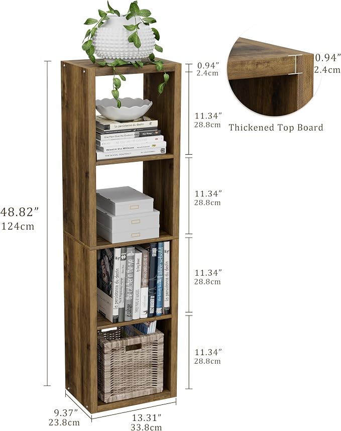 VDNEND Cube Storage Organizer Bookcase, Small 4 Tier 11 inch Open Back Cubical Shelf with Thickened Border, Display Bookshelf for Living Room, Home Office, Sturdy Room (Brown, 4 Cube,Vertical)