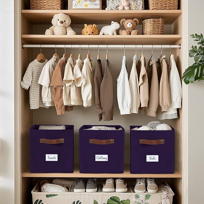 DECOMOMO Storage Bins, Cube Storage Bin with Labels | 10.5" x 11" Fabric Storage Cubes for Shelves (6pcs, Deep Voilet)