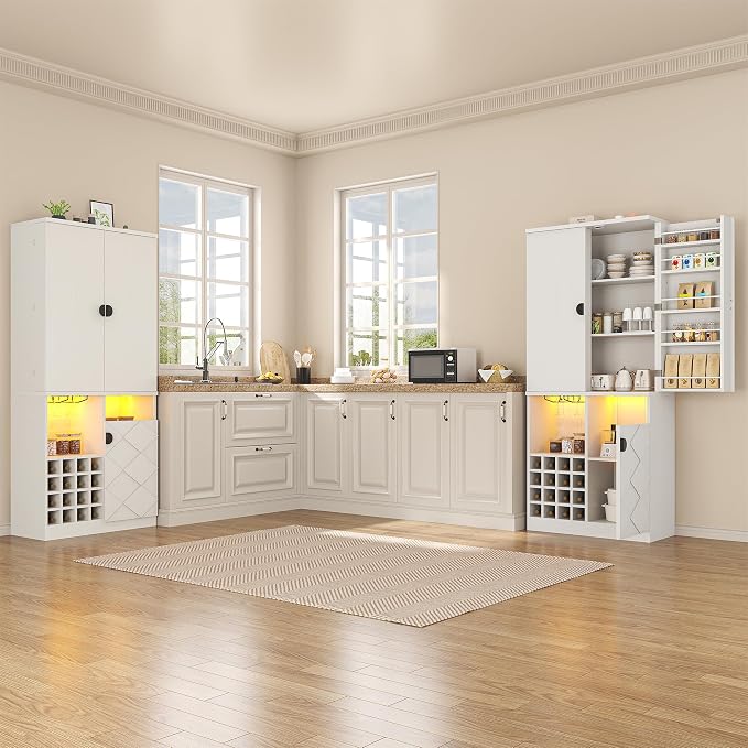 kepptory 72" Tall Kitchen Pantry Storage Cabinet, Freestanding Bar Cabinet with RGB LED Light, White Kitchen Buffet Sideboard with Doors for Dining Room Living Room