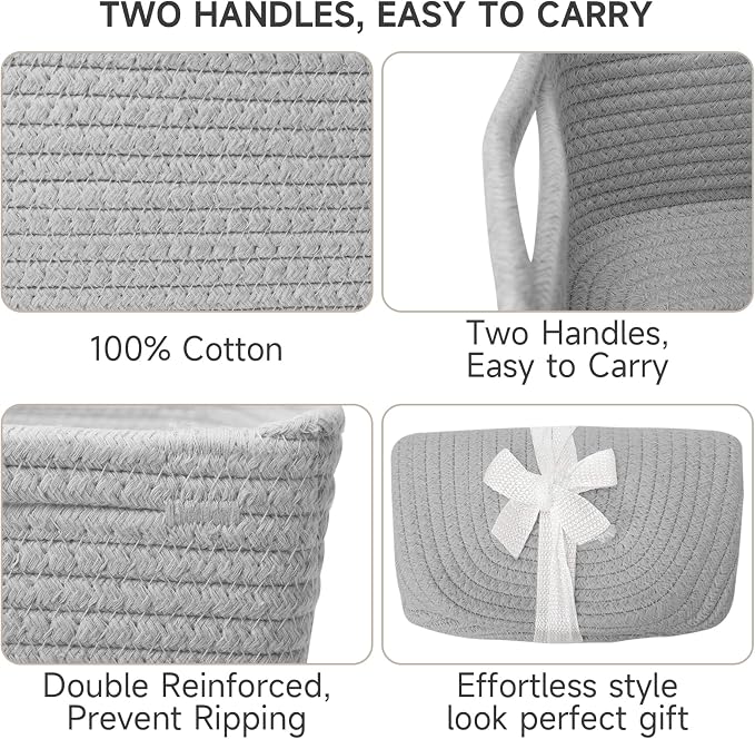 3-Pcs Shelf Baskets for Organizing, Closet Organizer Bins, Small Woven Baskets, Rope Toy Basket, Storage Basket for Shelves, Cube Decorative Box, 11.8×7.8×5.1”, Grey