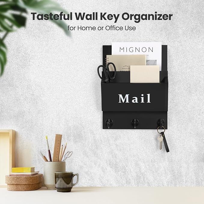 Mail and Key Holder, Wall Key Holder with 2 Mail Organizer Slot and 3 Hooks | Decorative 8.86" x 11.42" Mail Holder, Real Paulownia Wood with Keyhole Brackets, Hardware and Instructions