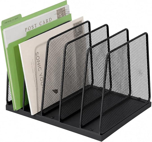 5-Section Vertical File Organizer for Desk, Sturdy Wood Base & Metal Mesh Desktop File Holder, Upright Paper Folder Sorter for Office Supplies（Black）