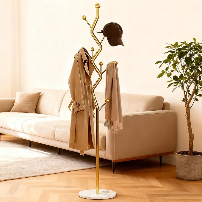 68.9 Inch Tall Modern Coat Rack,Gold Freestanding Coat Rack Tree,Heavy-Duty Metal Coat Rack Freestanding with Sturdy Marble Base for Entryway,Hallway,Bedroom,Holds Coats Hats Bags Scarves