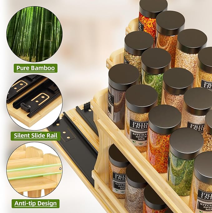 BAMEOS Pull Out Spice Rack Organizer for Cabinet, Bamboo Wide 7.7" Slide Out Seasoning Organizer for Kitchen, No Drill Anti-Tip Ball Bearing Silent Glides, Pantry Cabinet Organizer, Natural