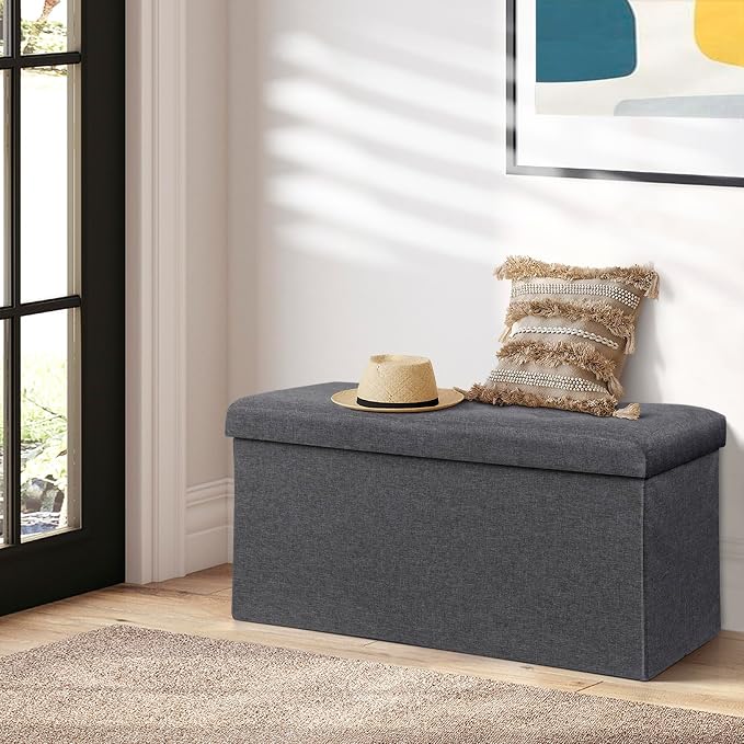 ZenStyle 30Inches Storage Ottoman Bench, Folding Footrest Padded Seat, Storage Chest Long Shoes Bench with Divider, Holds up to 660 lbs, for Living Room, Entryway, Bedroom, Dark Gray