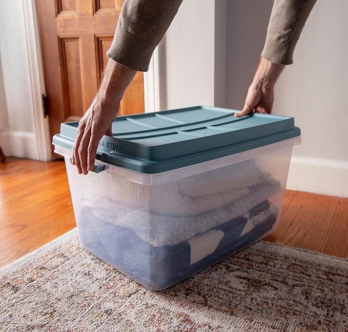 Hefty HI-RISE Stackable Storage Bins - Under Bed Storage Containers with Lids, Shoe Organizer, Plastic Storage Bins, Clear Shoe Boxes with XL Lid-Locking Latches, Durable Double Rim - 72qt (6 Pack)