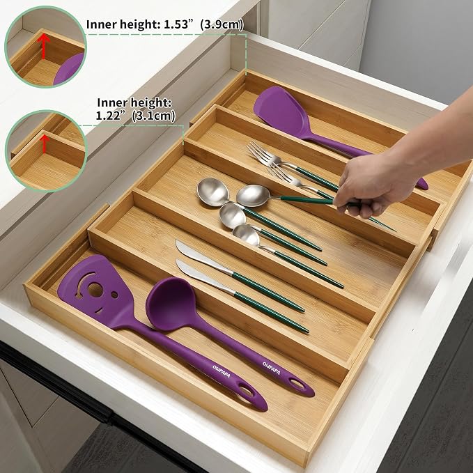 Utoplike Bamboo Expandable Kitchen Drawer Organizer Silverware Utensil Tray | Cutlery Holder, Drawers Divider for Large Utensils, Flatware, Knives, Spatulas in Kitchen, Office, Adjustable 3-5 Slots
