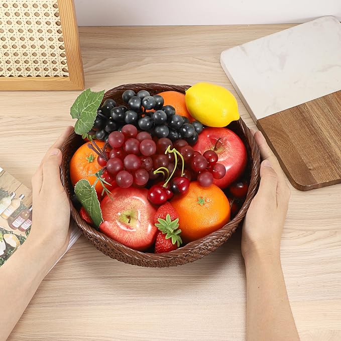 Hipiwe 10" Round Key Tray for Entryway Table Handwoven Wicker Basket Bowl | Decorative Basket Bowl for Cake Bread Fruit Serving Tray Handwoven Basket Tray for Kitchen Coffee Table Bathroom