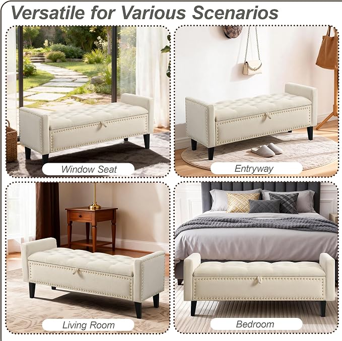 47in Velvet Storage Ottoman Bench with Arms, Upholstered Storage Bench with Wooden Legs, Storage Bench for Bedroom, Living Room, Beige