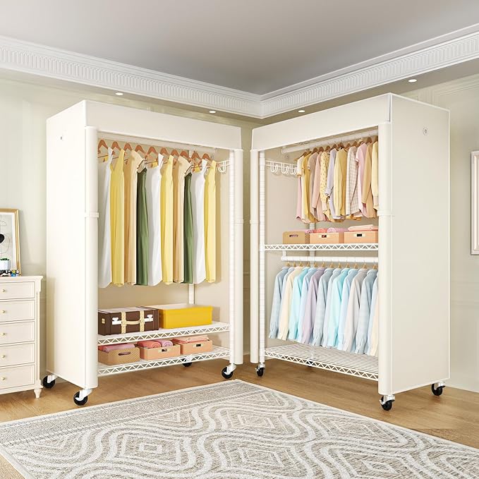 White Clothing Rack with Beige Cover, P1C Plus Rolling Closet | Metal Garment Rack with Wheels for Hanging Clothes, Portable Clothing Storage Wardrobe