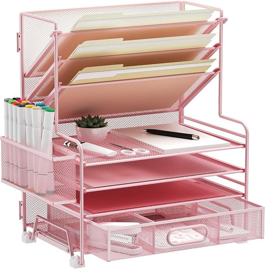 MINDEPOT 4-Tier Paper Organizer + 3-Pocket File Holder + Drawer + Pen Holders, Desktop File Organizers Paper Tray for Office Supplies School Classroom Organization (Pink, with Drawer & Pen Holder)