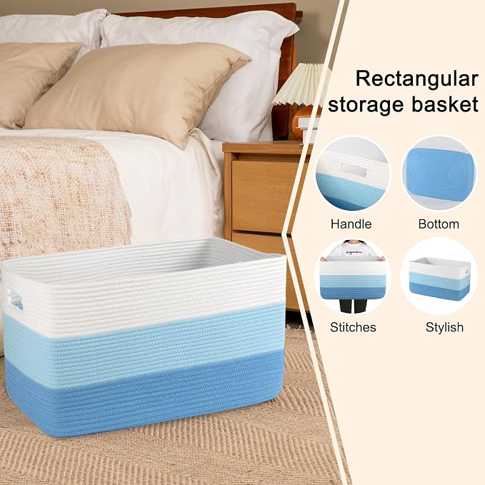 OIAHOMY Large Blanket Basket, 22”x17”x12” Rectangle Woven Baskets, Nursery Blanket Storage Living Room, Toy Storage With Handle, Large Baskets for Organizing-Gradient Light Blue
