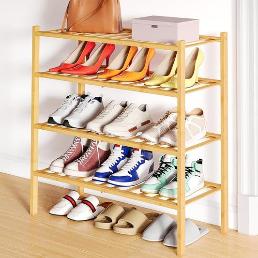 Smiry Bamboo Shoe Rack, 12 Vertical Slats, 4 Tier - 26.8" Wide, Natural | Stackable Free Standing Wooden Shoe Organizer, Wood Shoe Storage Shelf for Closet, Entryway