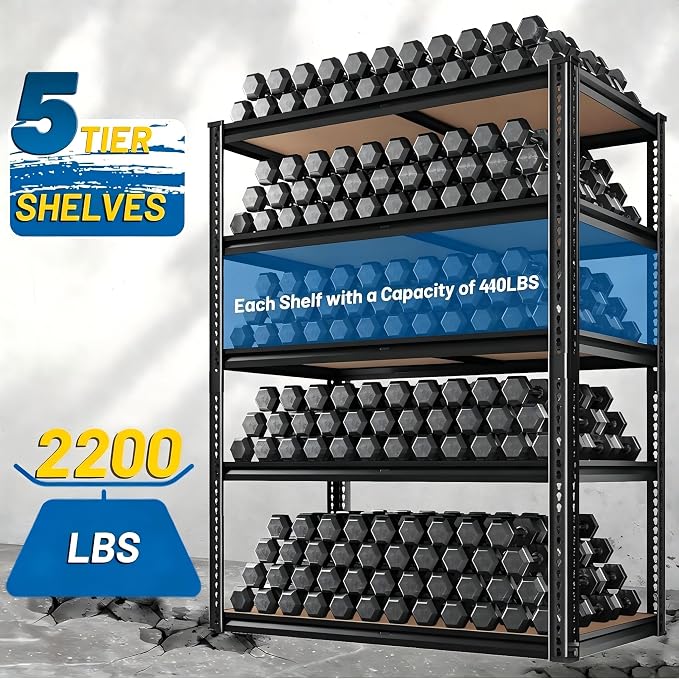 ROOMFAVE Garage Shelving Adjustable 5 Tier Storage Shelves Heavy Duty 72" H | 2200LBS Heavy Duty Metal Shelving Utility Rack for Basement, Warehouse, Commercial, Pantry, 35.5" L x 16" W x 72" H,Black