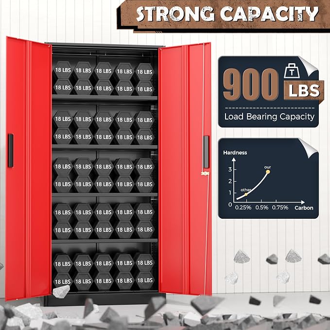 INTERGREAT Metal Storage Cabinet, 72” H Storage Cabinet with Doors and Adjustable Shelves for Office, Home, Garage, Pantry (Assembly Required, Black Red)