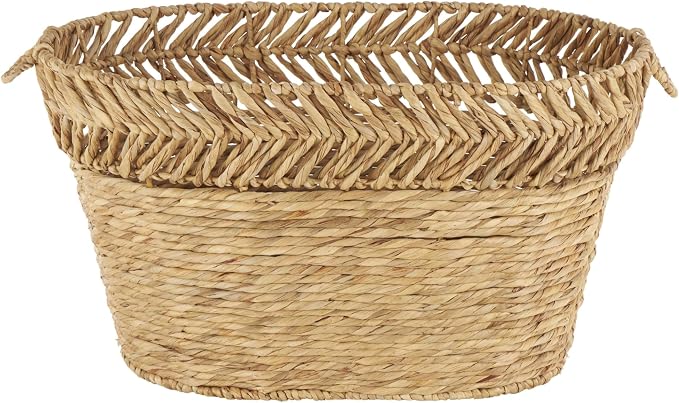 Deco 79 Seagrass Handmade Decorative and Functional Storage Basket Large Woven Oval Basket Organizer with Zig Zag Patterned Rim, Basket for Storage 30" x 20" x 17", Brown