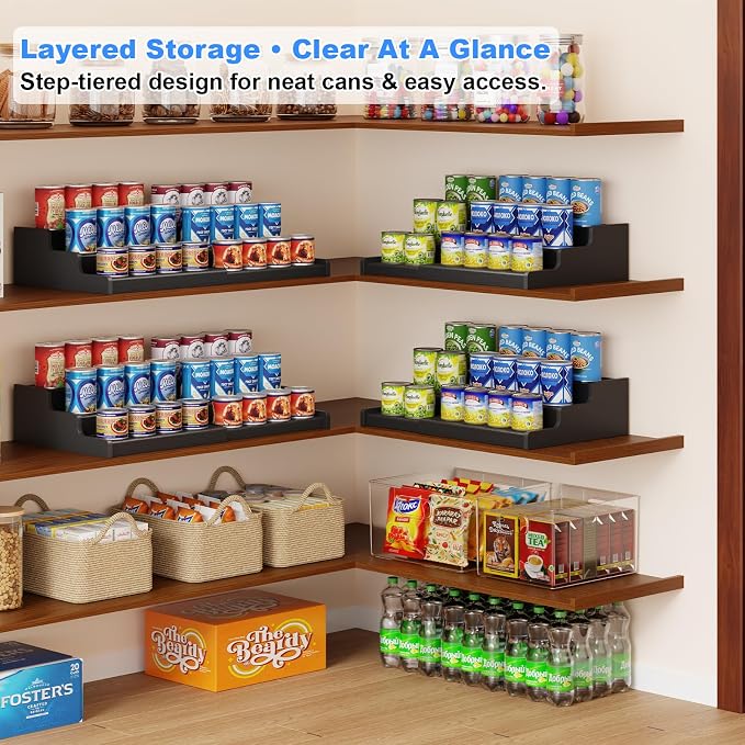 Expandable Bamboo Can Rack Organizer, 3-Tier Adjustable Pantry Storage, Can Holder for Kitchen & Pantry, Canned Food Soda Organizer, Holds Up to 24 Cans, Black (Patent Pending)