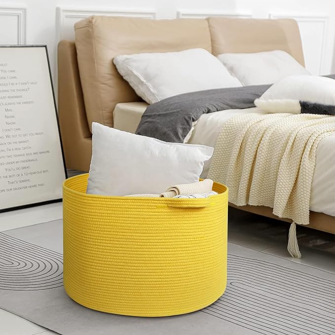 Extra Large Yellow Basket, 22” X 22” X 14” Cotton Rope Yellow Decor for Living Room Bedroom, Woven Basket for Blanket, Laundry, Towel, Shoe, Baby Nursery Toy Organizer, Room Decor Storage Bin