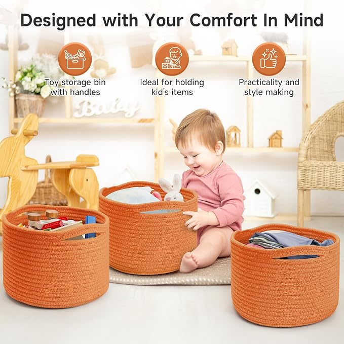 3 Pack Small Rope Storage Baskets, 9.82×9.82×7.1", Orange | Cotton Basket for Gifts Empty, Cute Round Woven Basket, Decorative Shelf Basket Organizer, Organizing Basket for Shelves