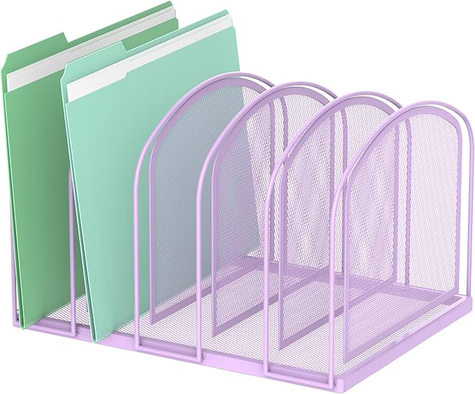 SUPEASY File Organizer 5-Section Mesh Desk Organizer, Upright File Organizer Desktop Organizer File Sorter, File Folder Holder for Office Supplies, Purple | 5 Vertical Compartments with Sturdy Metal Base for Office Documents Books Magazines and Laptop