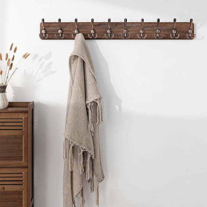 SKOLOO Coat Rack Wall Mounted - 38.3'' Long, Pack of 2, Wooden, Heavy Duty, Rustic Coat Hooks for Wall, Wall Coat Rack with 10 Triple Hooks for Hanging Clothes, Jacket, Hat(Brown & Retro Red)
