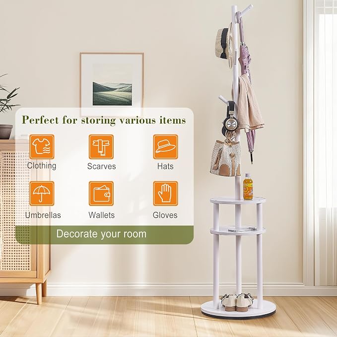 VECELO Coat Rack Freestanding, Entryway Hanger Stand, Umbrella Holder, Hall Tree With Hooks, Floor Standing Tree Stand,White