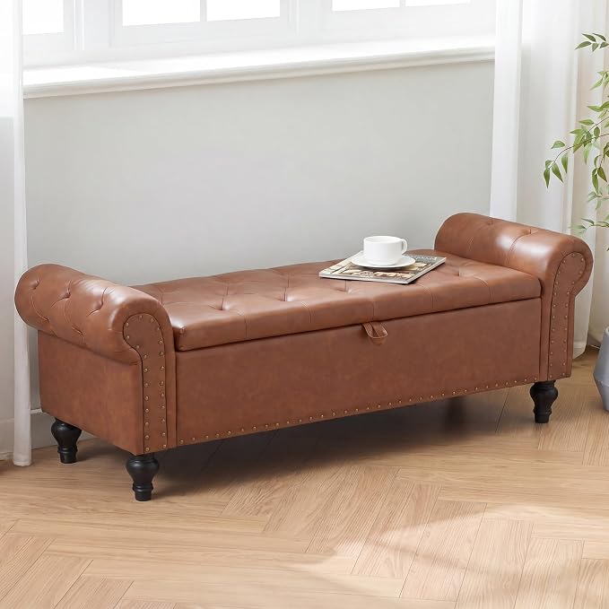 55" Storage Bench for Bedroom, Upholstered Ottoman Bench, Leather Brown | End of Bed Bench for Bedroom, Window Benches for Living Room, Entryway, Ottoman with Large Storage Space, Pet Friendly