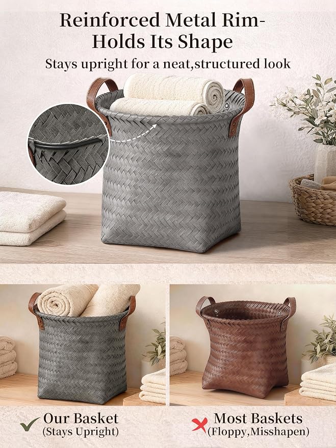 Wicker Storage Baskets, 4 Pack Woven Baskets for Shelves, Grey | PP Rattan, Water-resistant Wicker Basket, Large Baskets with Faux Leather Handles for Blanket, Laundry Organizer, Room Decor