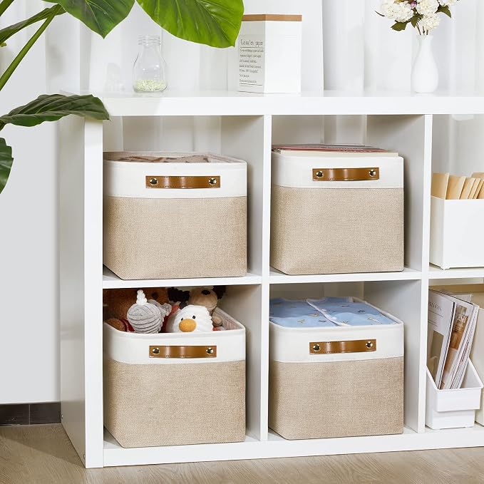 DULLEMELO Fabric Storage Bins for Laundry, Home, Foldable Storage Baskets for Shelves, Toys, Collapsible Storage Bins for Office, Closet,Bedroom(White&Khaki,L-15"x11"x9.5",4-Pack)