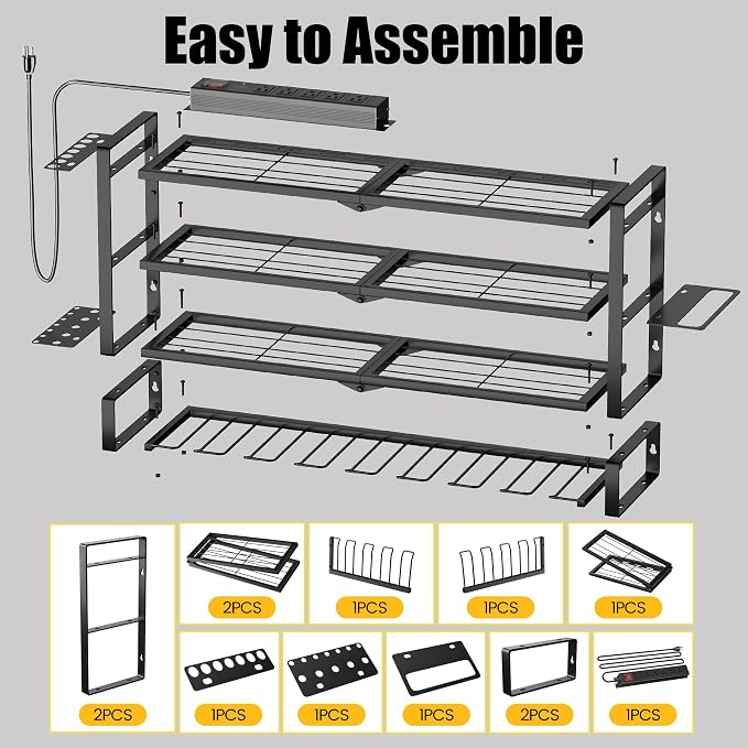 MOOMSINE Large Power Tool Organizer Wall Mount with Charging Station for Garage, 400lbs Metal Storage Rack with 8 Cordless Drill Holder, 4 Tier Heavy Duty Battery Tool Shelf with 5 Outlet Power Strip
