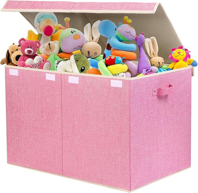 122L Large Toy Box Chest Storage with Lid, Collapsible Kids Toy Storage | Toy Chest with with Removable Divider for Kids, Boys, Girls, Nursery, Living Room, Bedroom, 26"x17" x17" (Linen Pink)