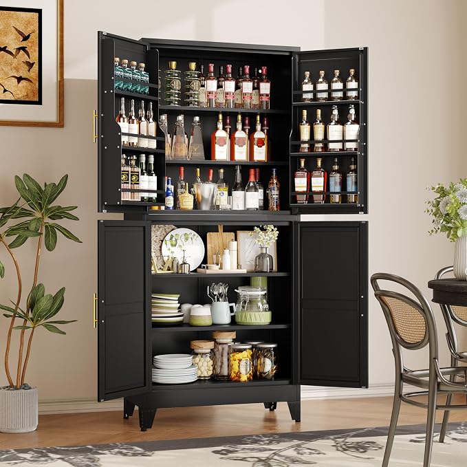 GAIOUS 74.8" Tall Metal Food Cabinet, Black Kitchen Pantry Cabinet Cupboard | Food Storage, Kitchen Organizer, Storage Cabinet with 4 Door and 4 Adjustable Shelves, Steel Freestanding, for Dining Living
