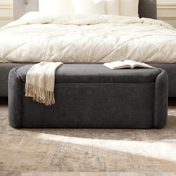 VKNOW Storage Bench, Upholstered Storage Ottoman Bench with Hinge, Grey | Ottoman Bench with Large Capacity, Curved Frame, Soft Fabric, Storage Bench for Bedroom, Living Room, Entryway, Window