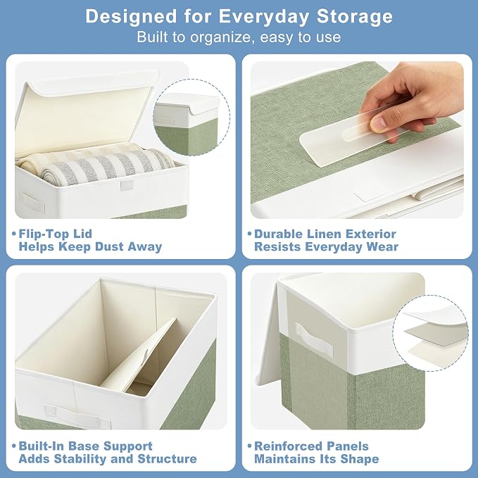 Large 17" 42 Quarts Collapsible Stackable Storage Bins with Lids [3-Pack] Foldable Fabric Linen Storage Boxes Cube, Closet Organizer Baskets with Label for Home (16.7 x 12 x 12", Green & White)