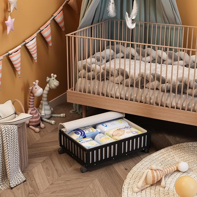 MHXW SXPN 2 Pack Bamboo Under Bed Storage Containers with Wheels, Black | Underbed Drawer Storage with Bag, Wood Rolling Underbed Organizer for Shoes, Sheets Clothes Blanket Comforter, Under Crib Toy